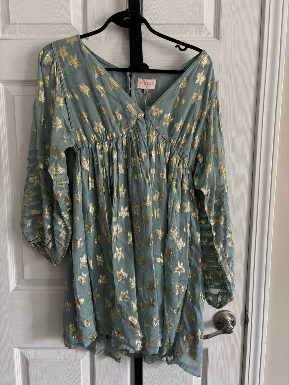 Ciebon Seafoam Blue Long Sleeve Star-Print Dress